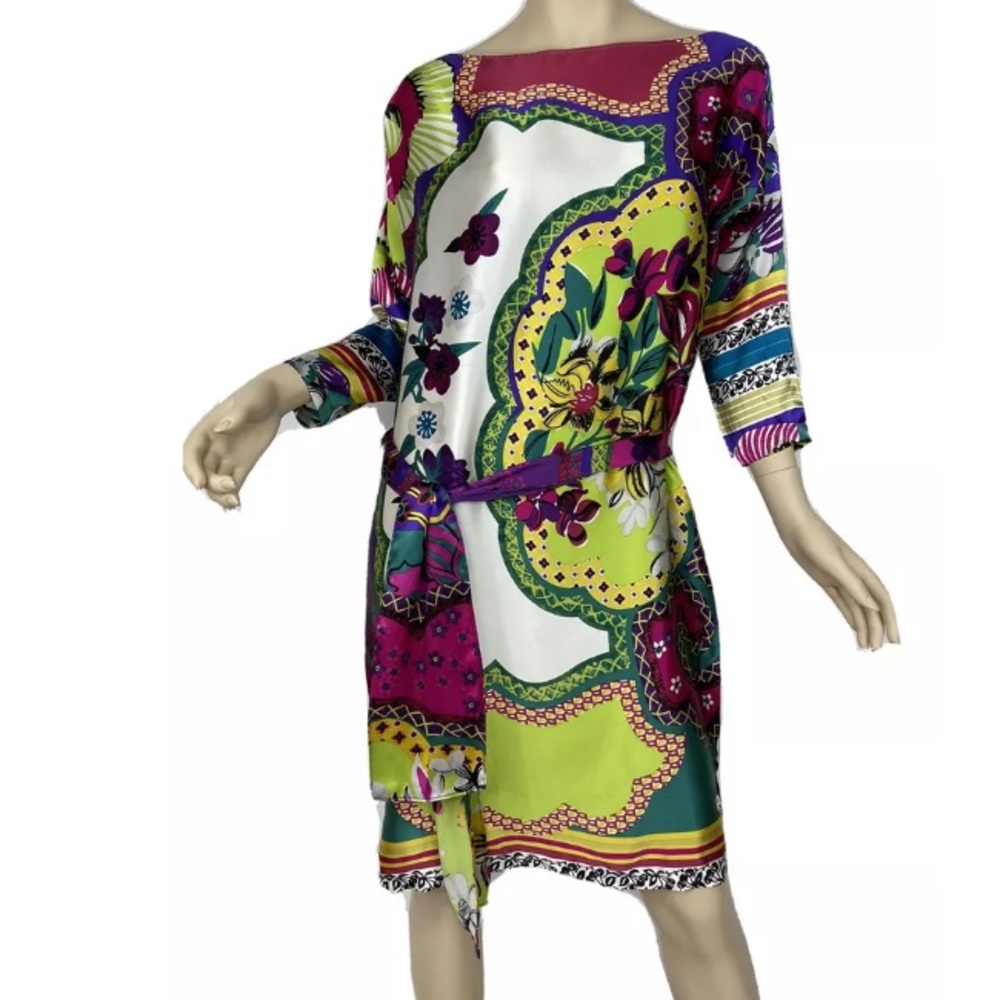 Cache Belted Satin Silk Colorful Spring Dress
